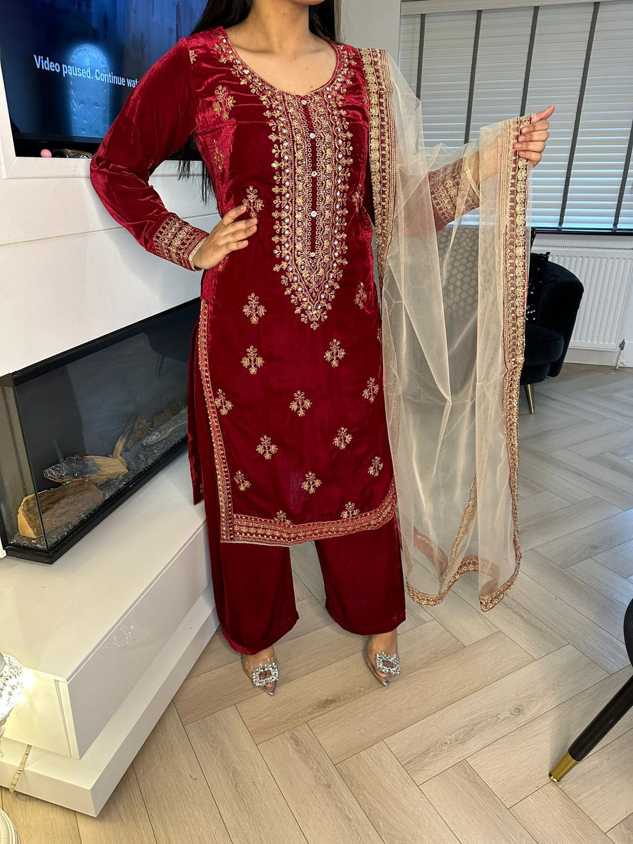 Tanzeela 3pc Velvet Embroidered Suit With Net Dupatta U1-C5 – Zee