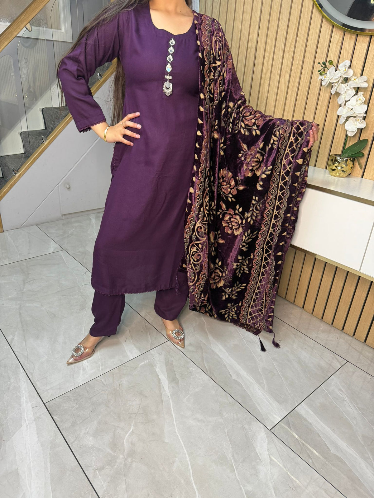 Asia 3pc Embroidered Dhanak Suit With Palachi Shawl