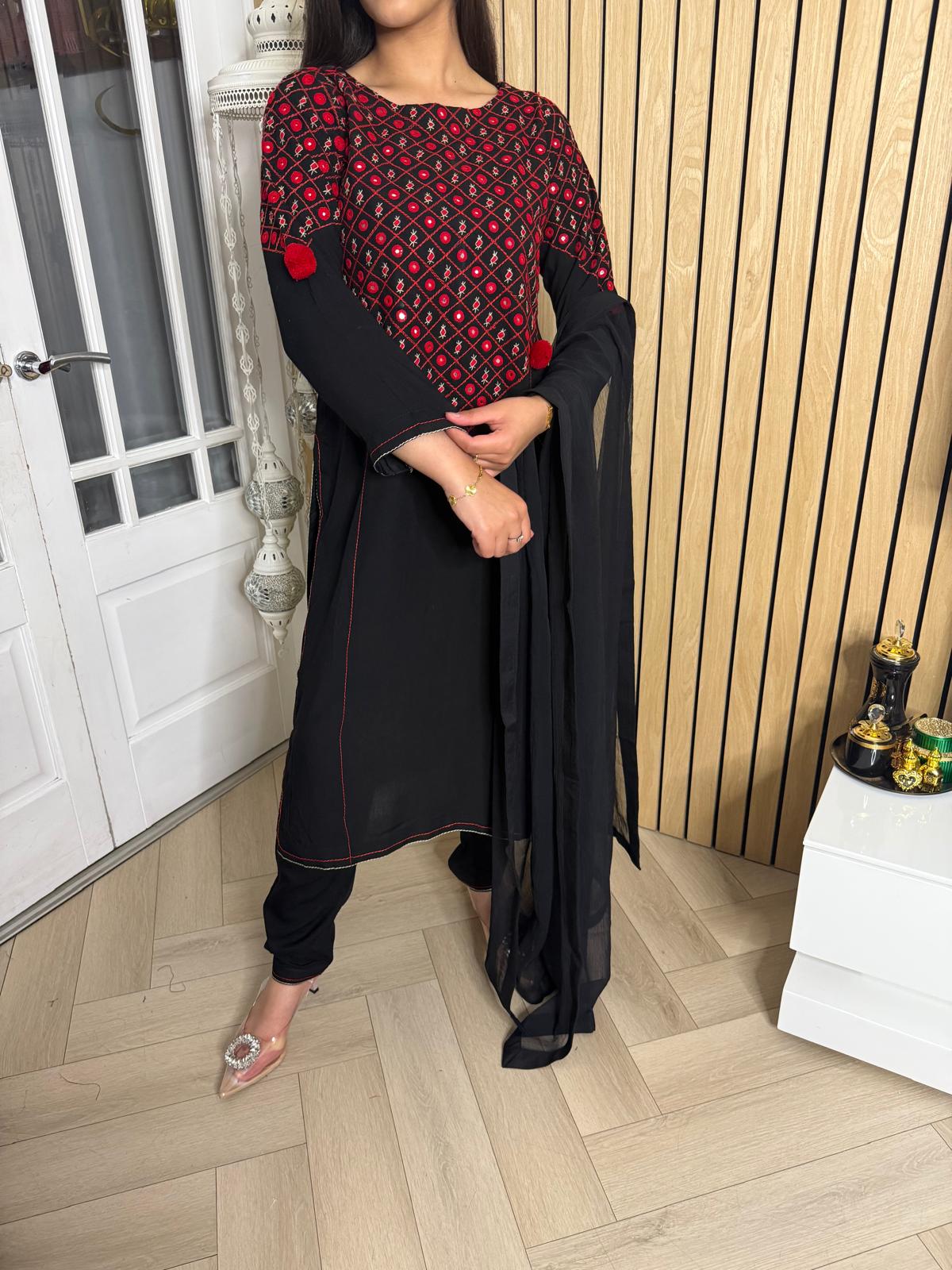 Nadia 3pc Suit with Red Hand Embroidery