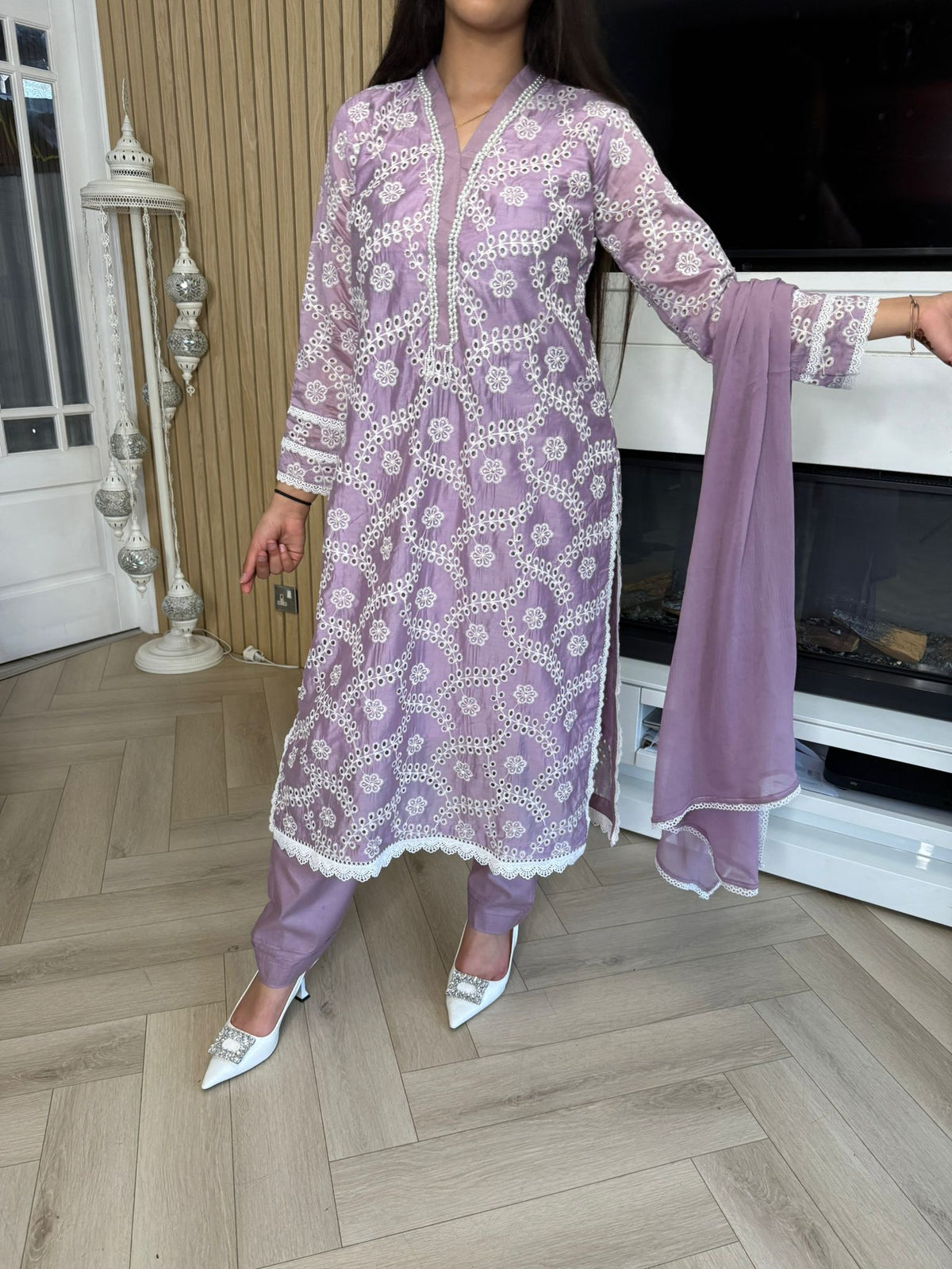 Radhiya 3pc Cotton Suit With Pearl Detailing