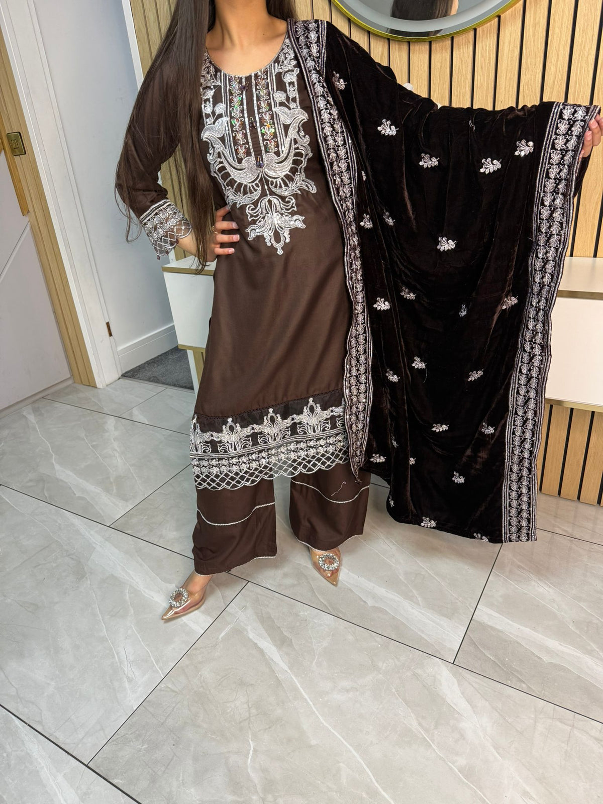 Habiba 3pc Embroidered Dhanak Suit With Velvet Shawl