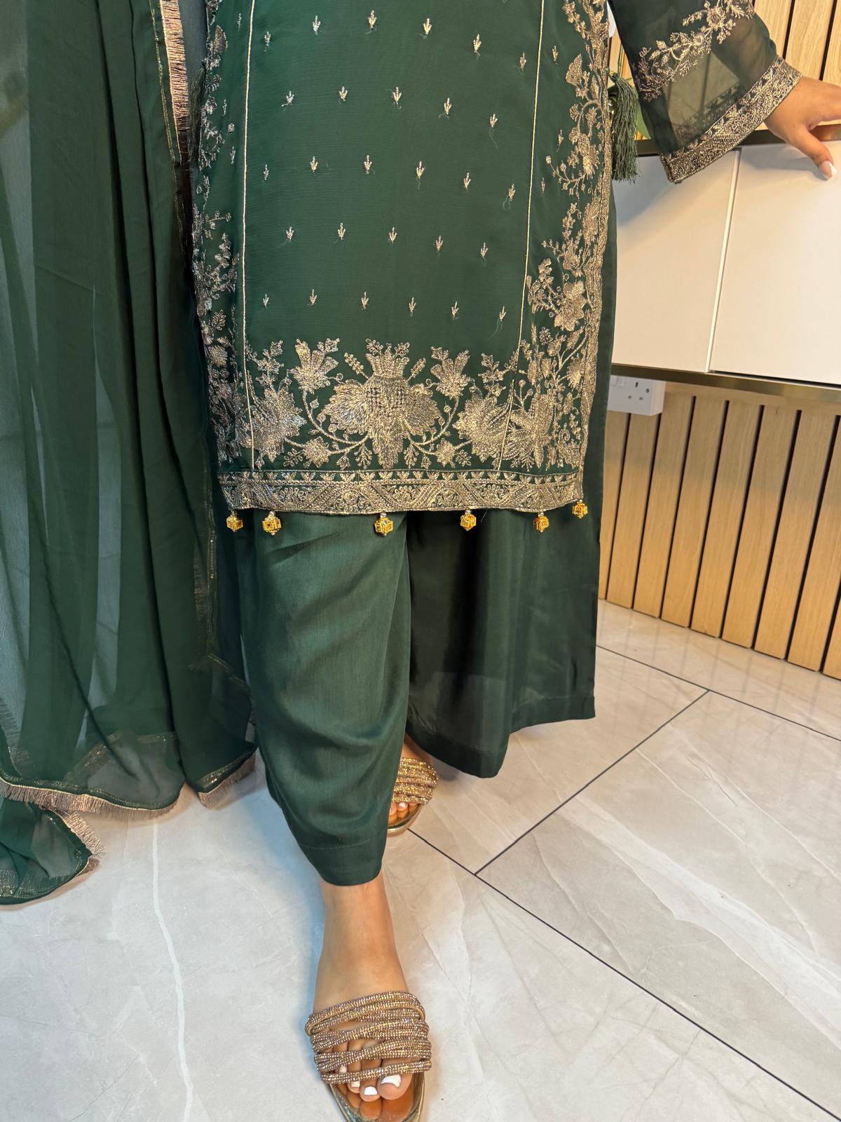 Fajar 3pc Chiffon Suit With Silk Plazzo-Green U3-B2