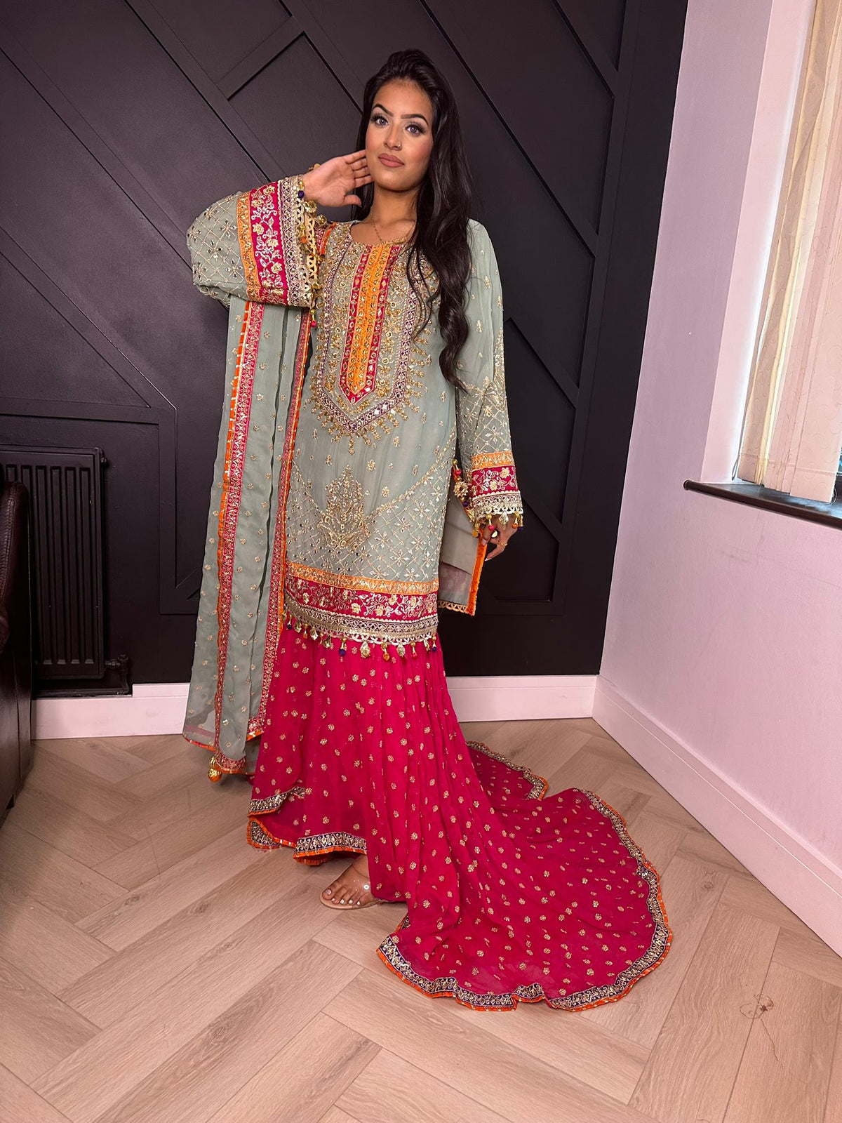 Karma Bridal - Mint and Pink Trail Gharara