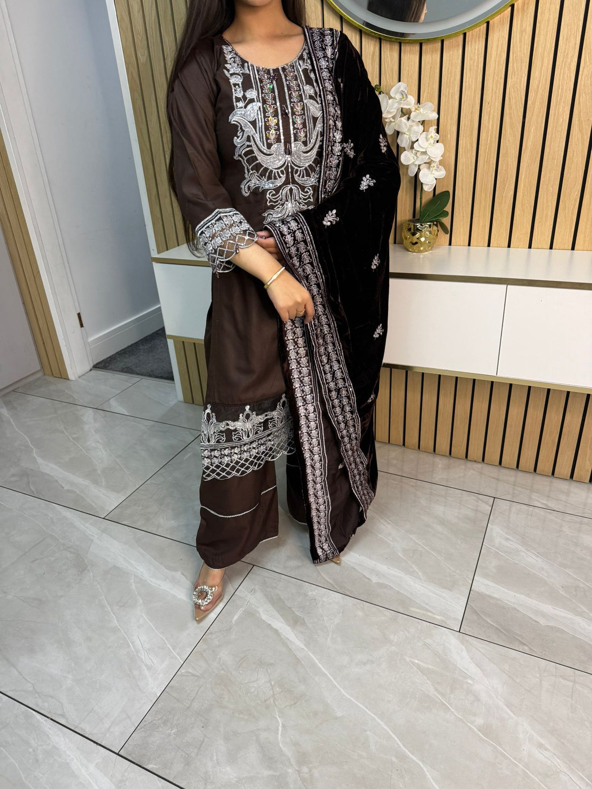 Habiba 3pc Embroidered Dhanak Suit With Velvet Shawl