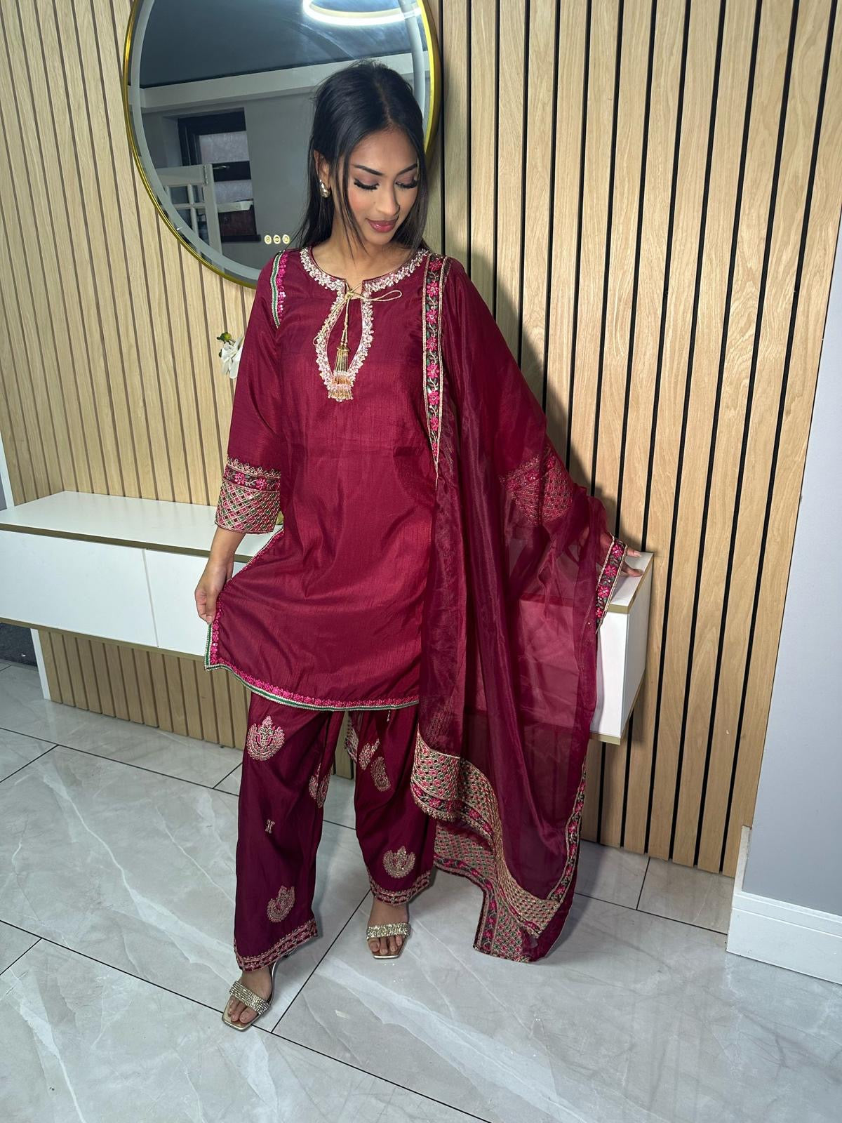 Lubna 3pc Silk Suit -Maroon U2-A5