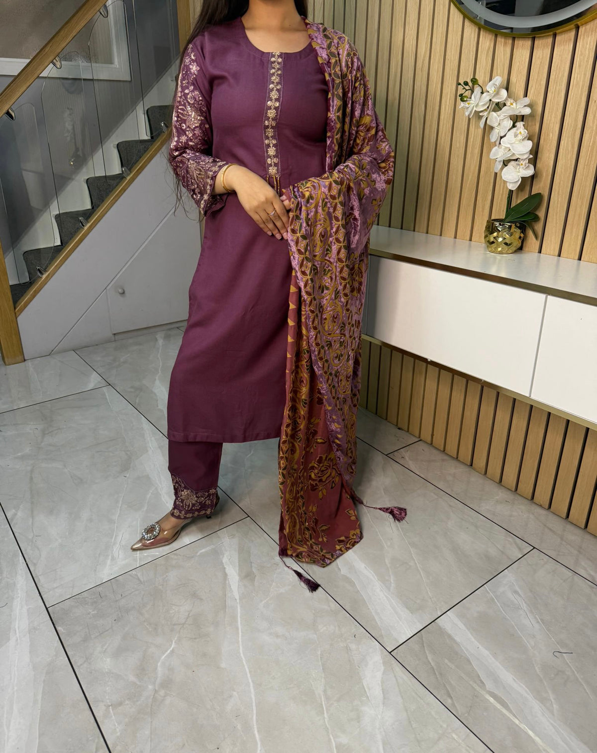 Asia 3pc Embroidered Dhanak Suit With Palachi Shawl