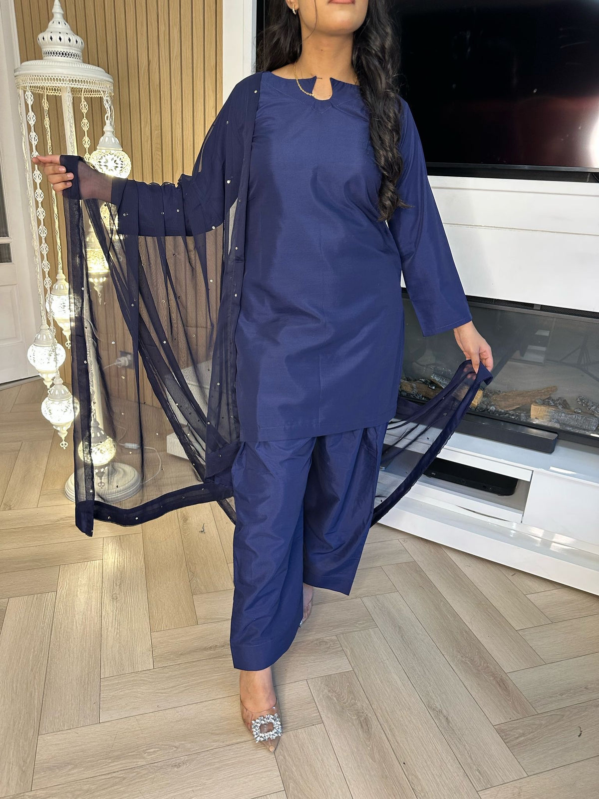 Keisha 3pc Plain Silk Farshi Shalwar