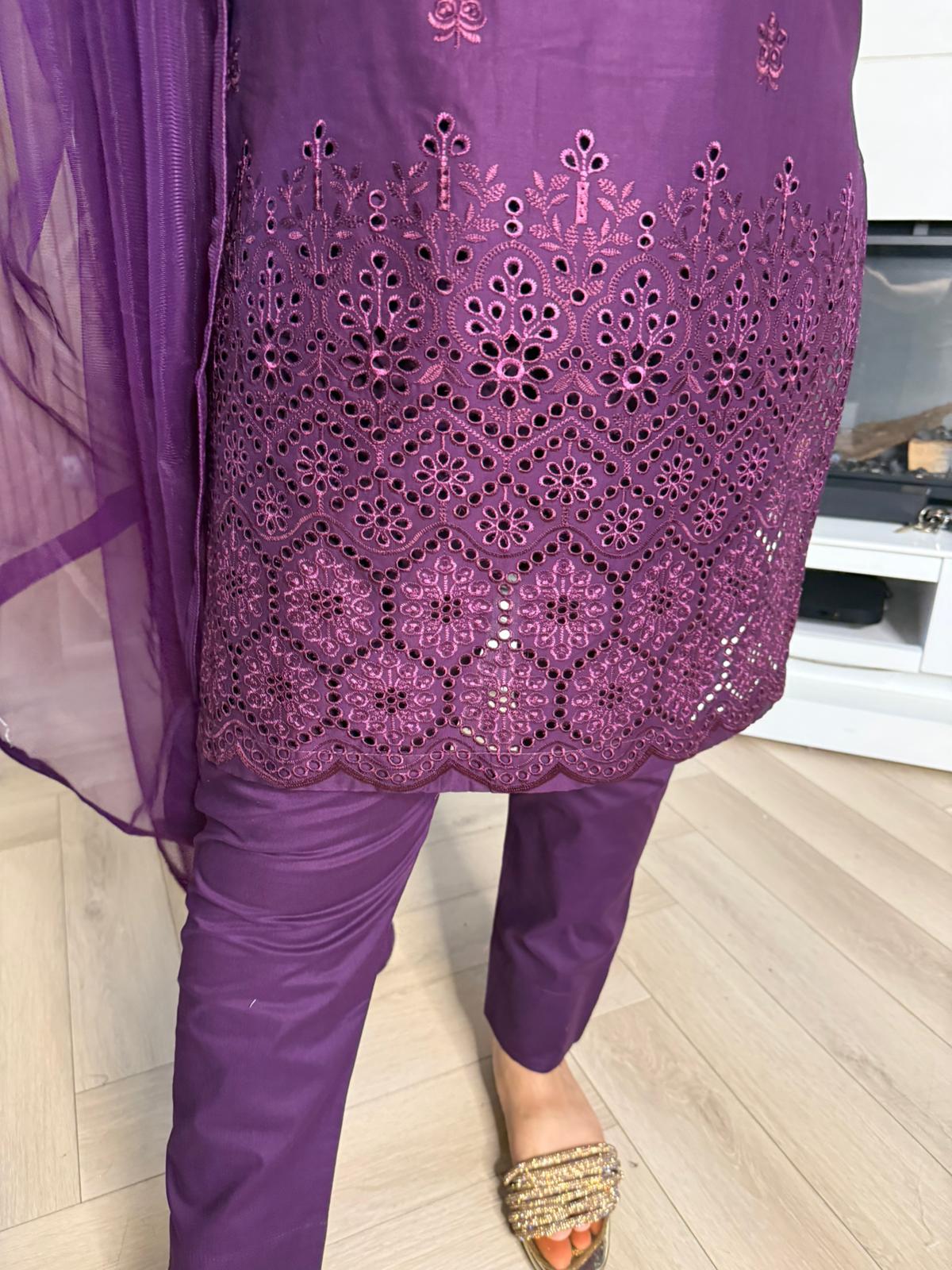 Cotton Chiknkari 3pc Suit With Net Dupata