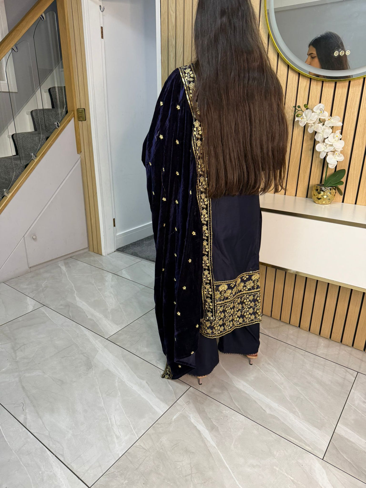 Habiba 3pc Embroidered Dhanak Suit With Velvet Shawl