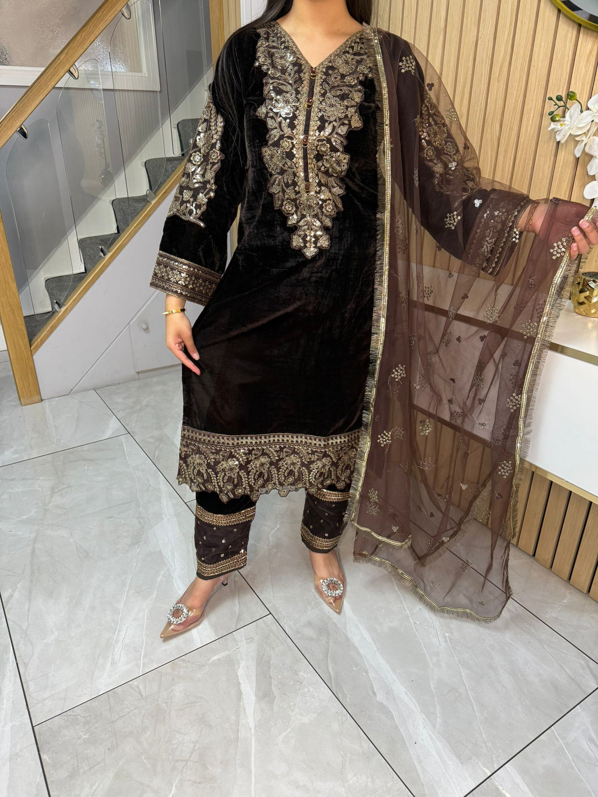 Lisha 3pc Button Velvet Suit With Net Dupatta U3-B1