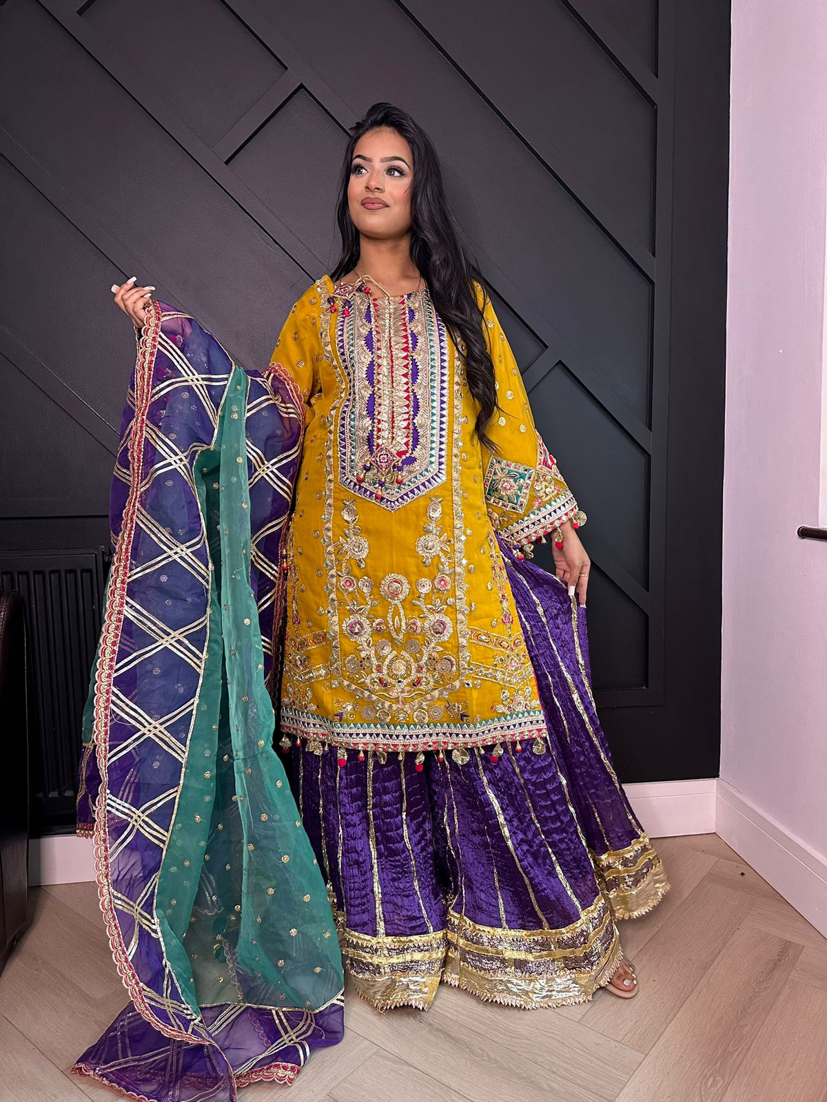 Karma-Yellow and Purple Sharara Style