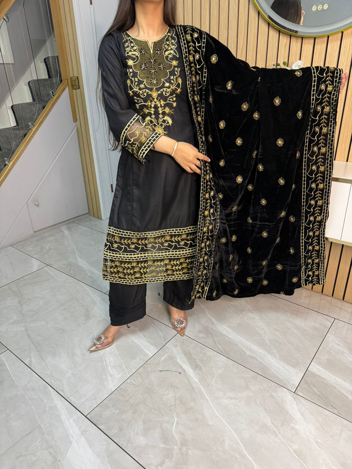 Habiba 3pc Embroidered Dhanak Suit With Velvet Shawl