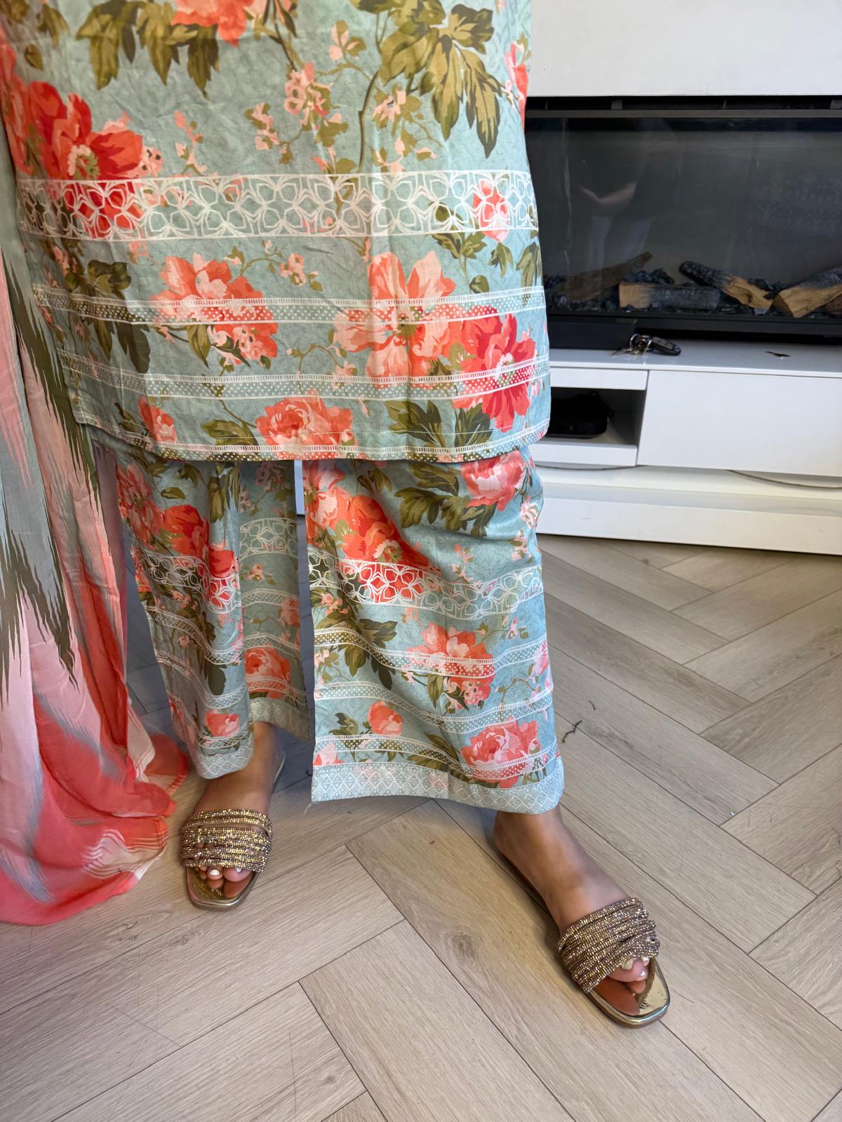 Sonam 3pc Printed Lawn Suit With Plazzo Trouser