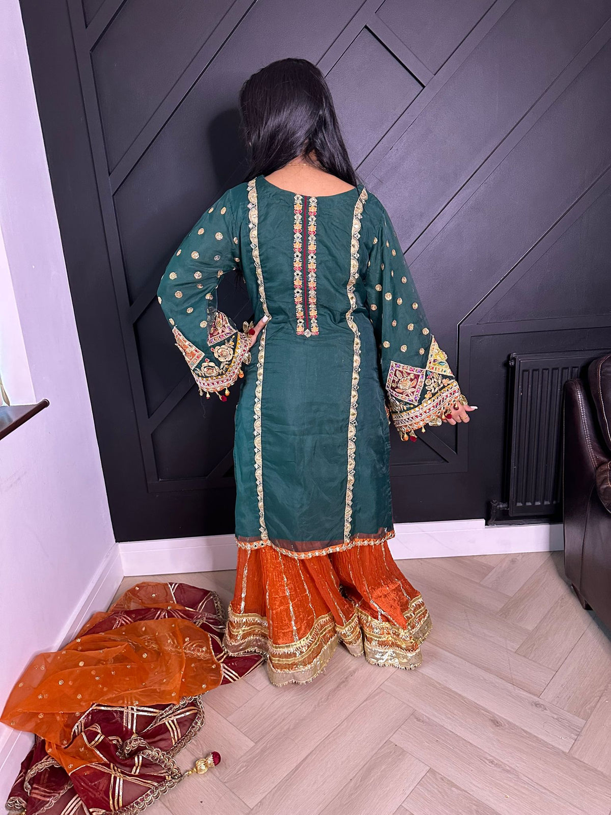 Karma-Emerald and Orange Sharara Style