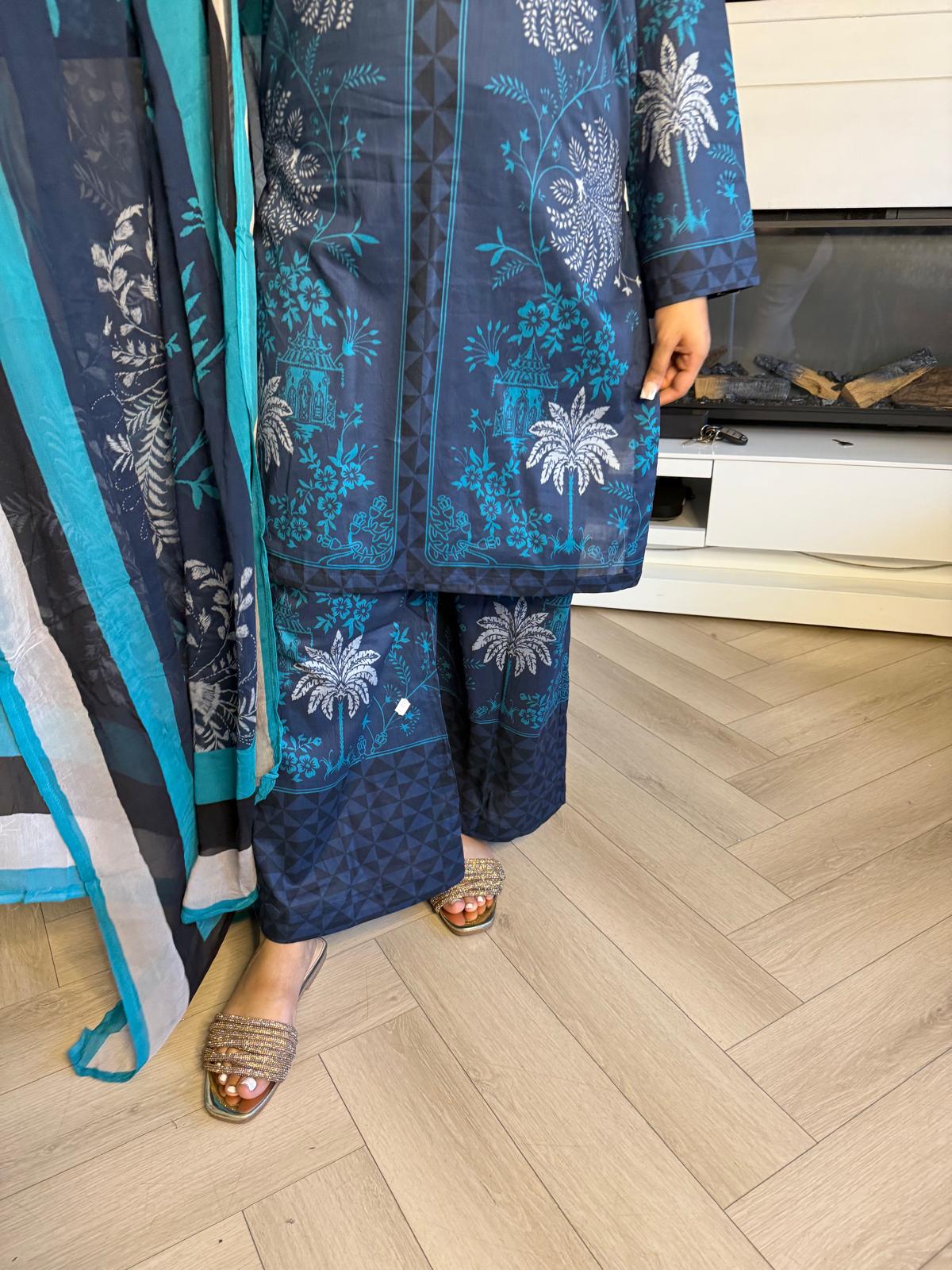 Sonam 3pc Printed Lawn Suit With Plazzo Trouser