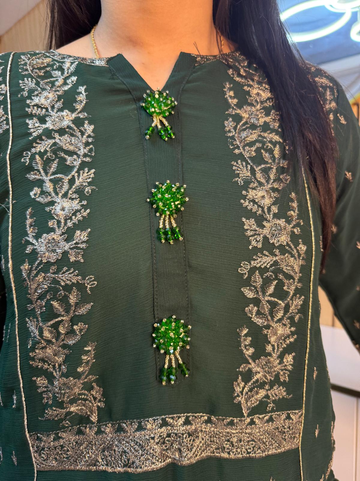 Fajar 3pc Chiffon Suit With Silk Plazzo-Green U3-B2