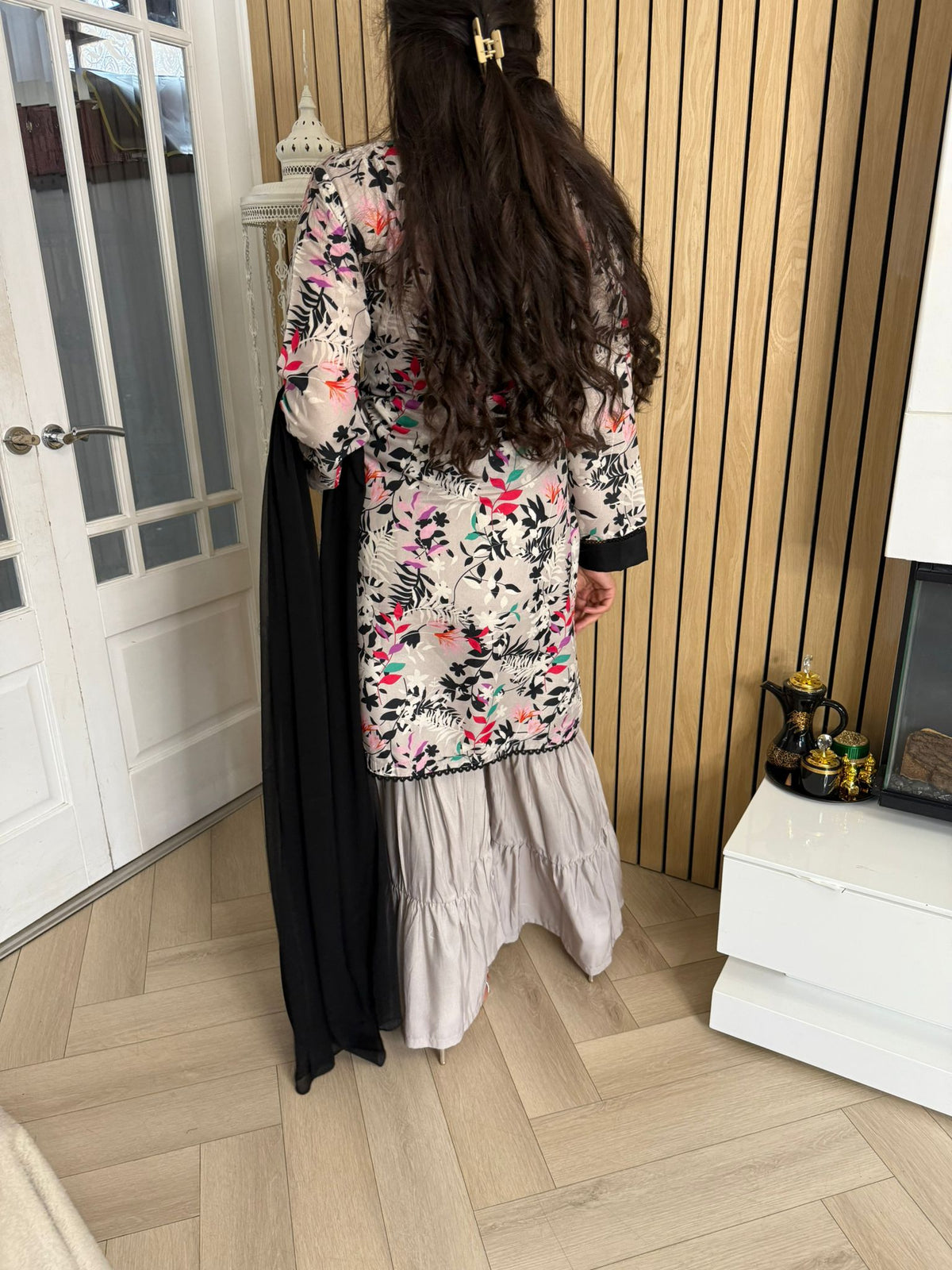 Firdaus 3pc Printed Suit With Plain Gharara