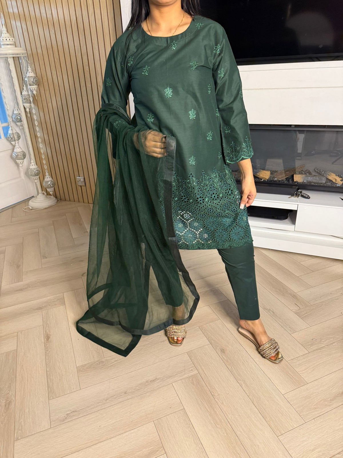 Cotton Chiknkari 3pc Suit With Net Dupata