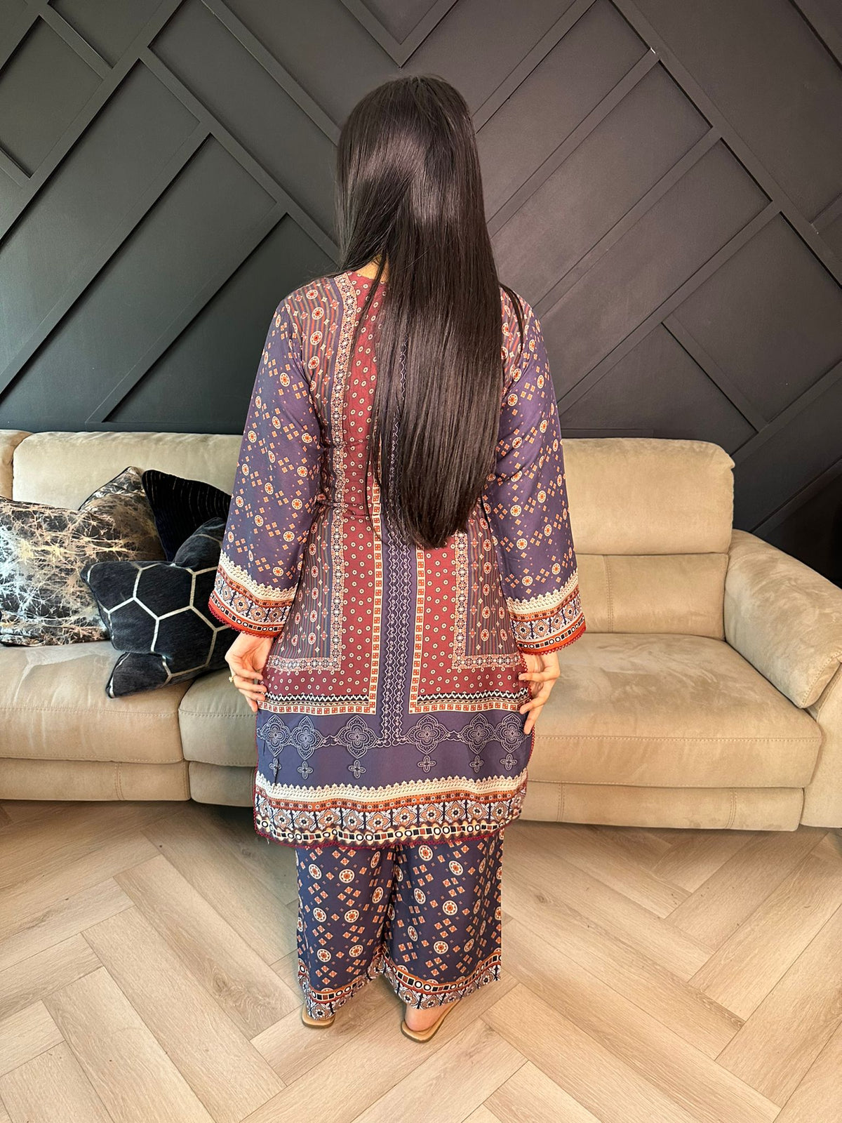 Afreen 2Pc - Navy & Red Ethnic Print U1-A4