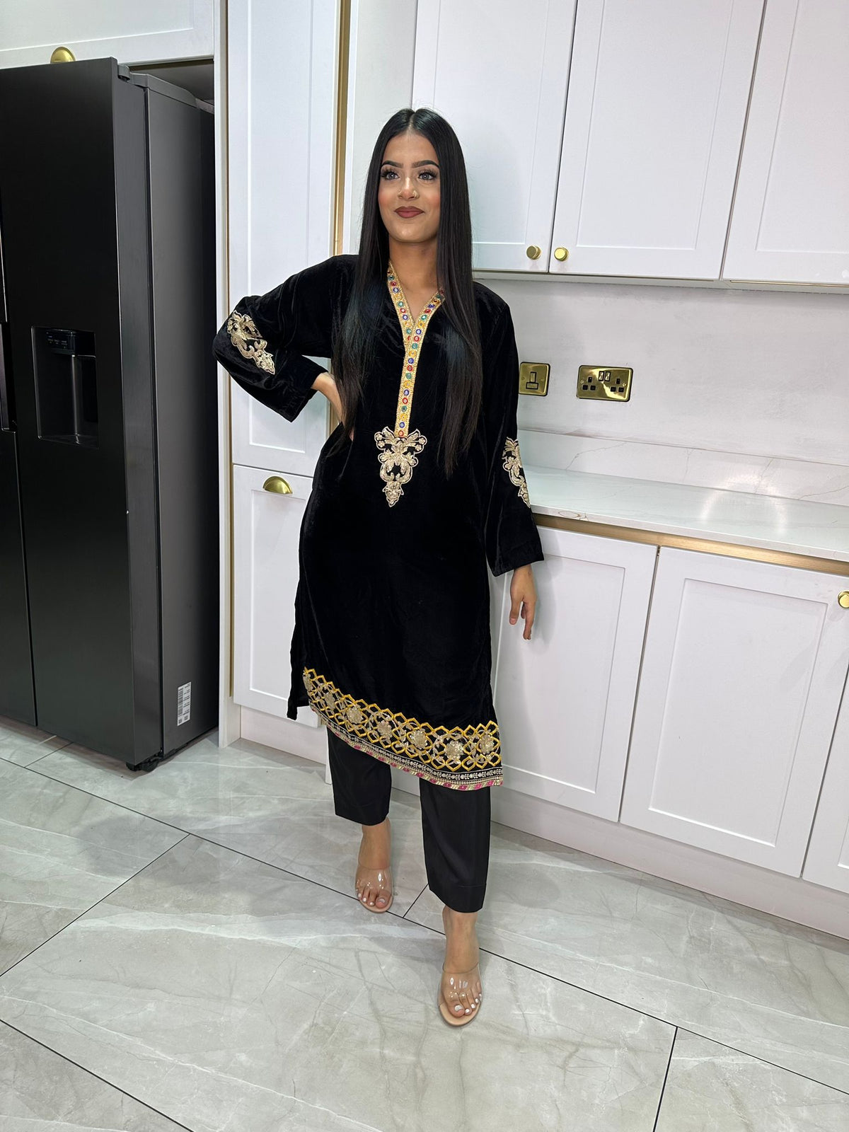 Luxury Velvet by Raniya - Black with Multicolour lace