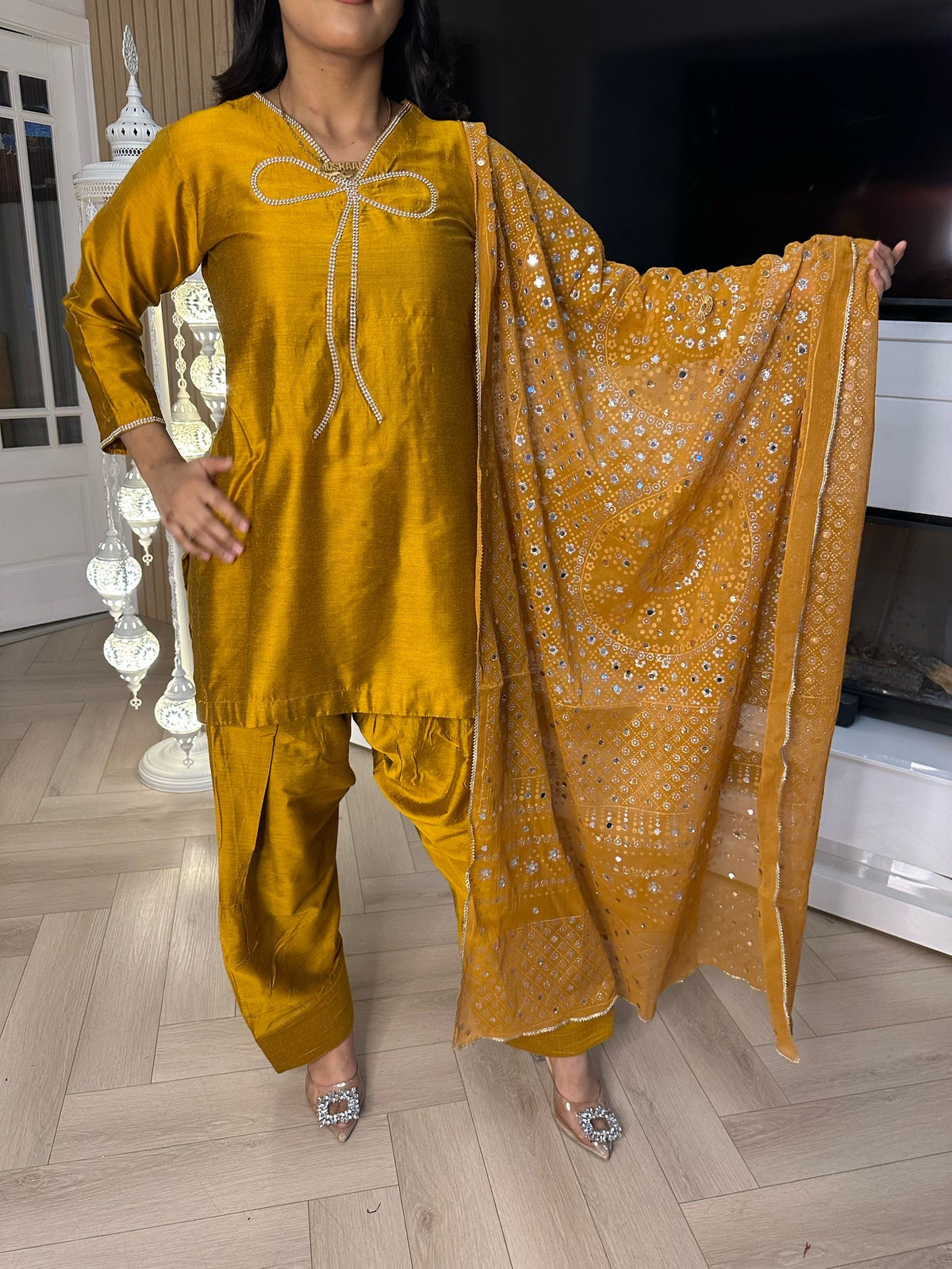 Bow 3pc Silk Farshi Shalwar Suit
