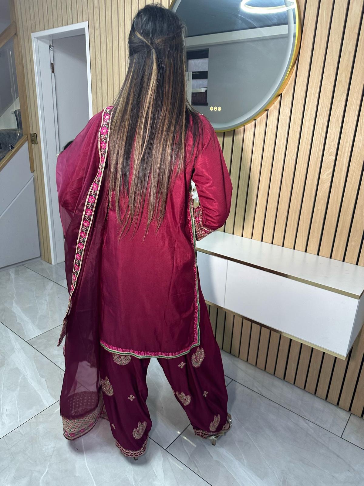 Lubna 3pc Silk Suit -Maroon U2-A5