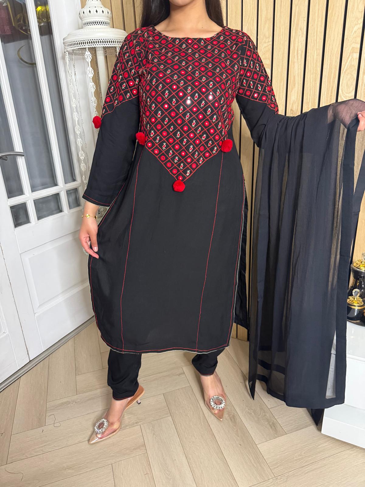 Nadia 3pc Suit with Red Hand Embroidery