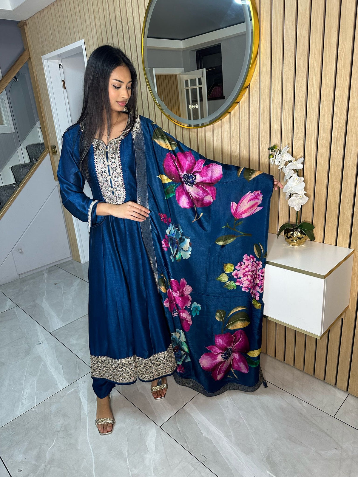 Nafisa 3pc Indian Silk Dress with Floral Dupatta