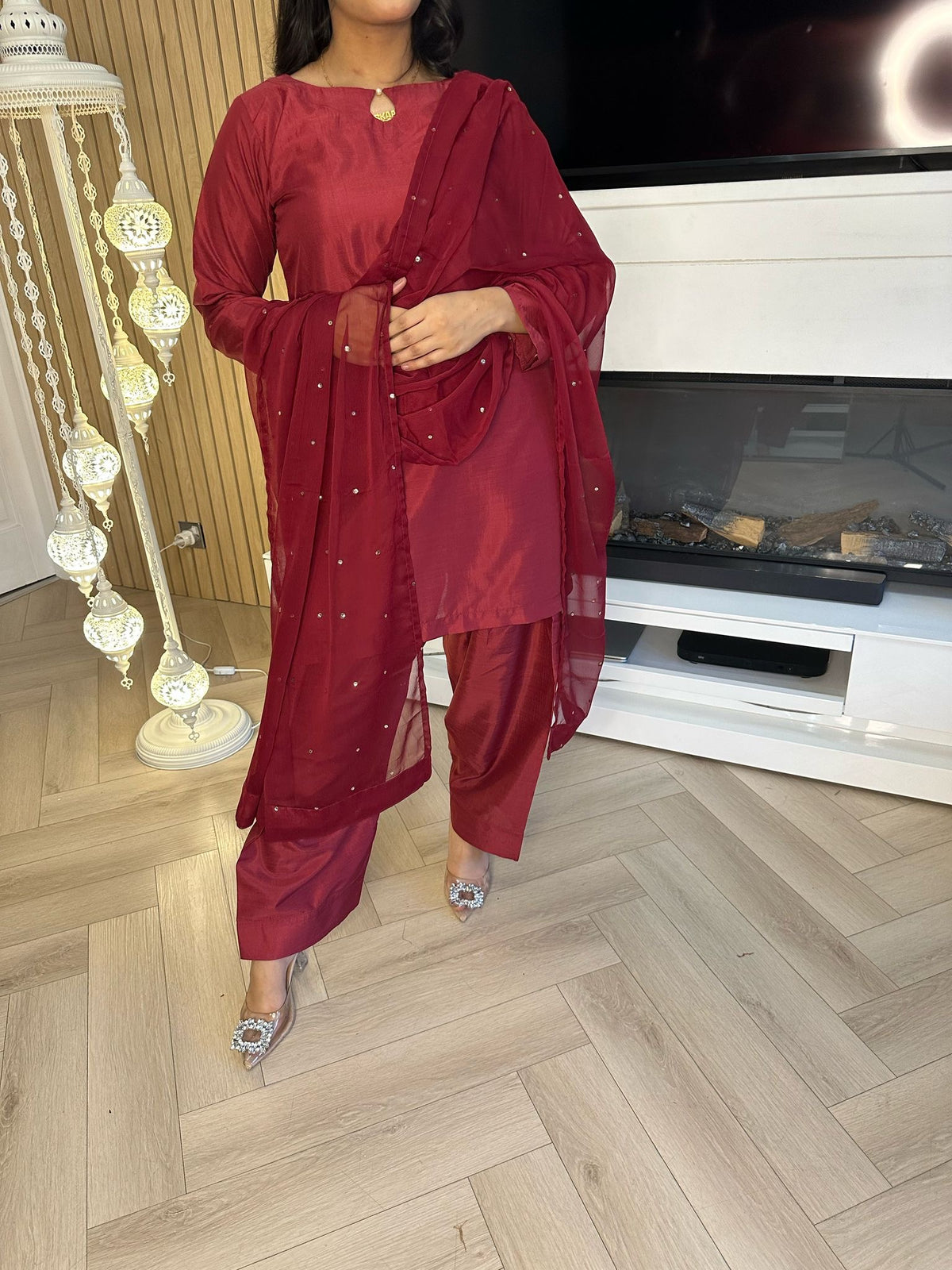 Keisha 3pc Plain Silk Farshi Shalwar