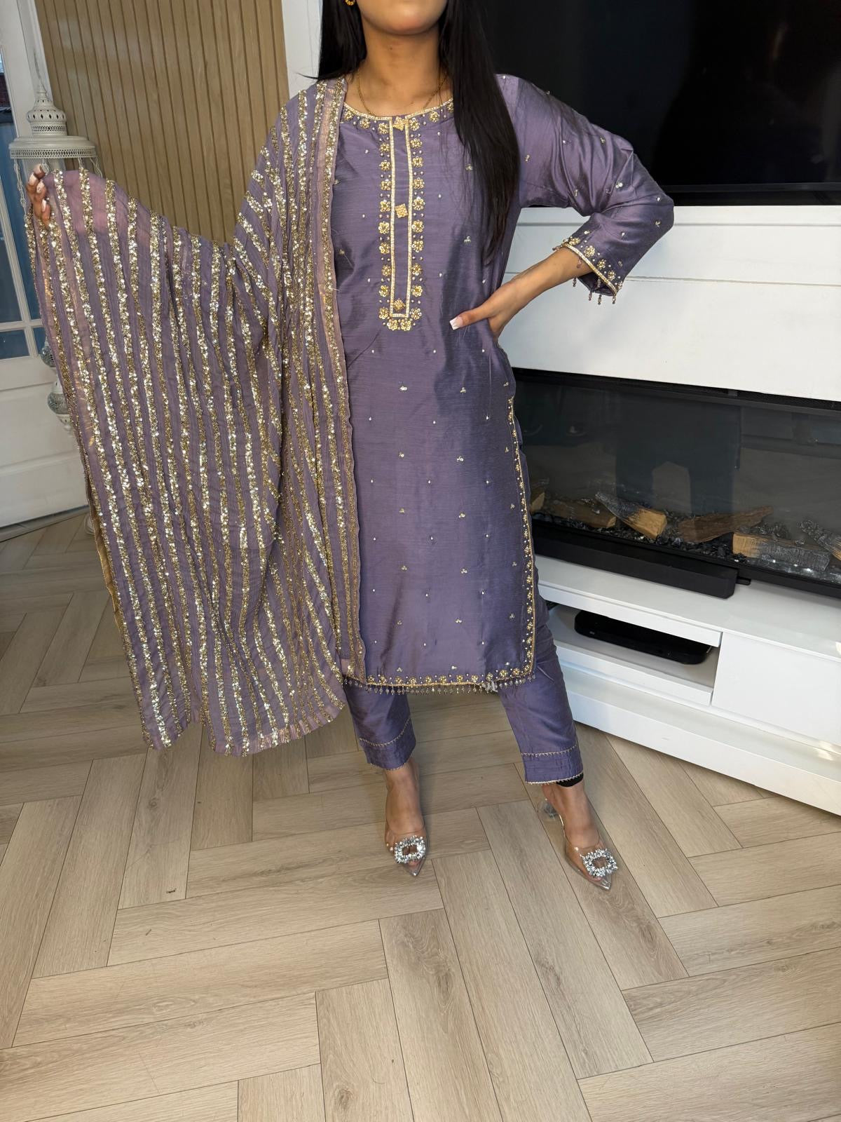 Nuraan 3pc Raw Silk Suit-Lilac