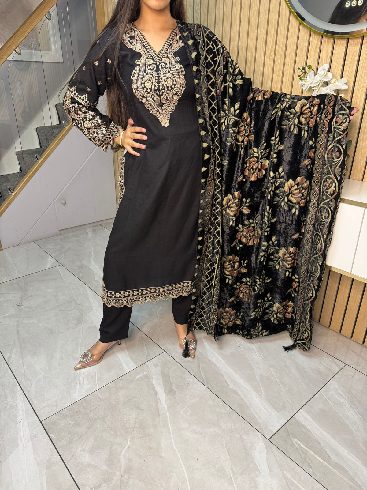 Asia 3pc Embroidered Dhanak Suit With Palachi Shawl