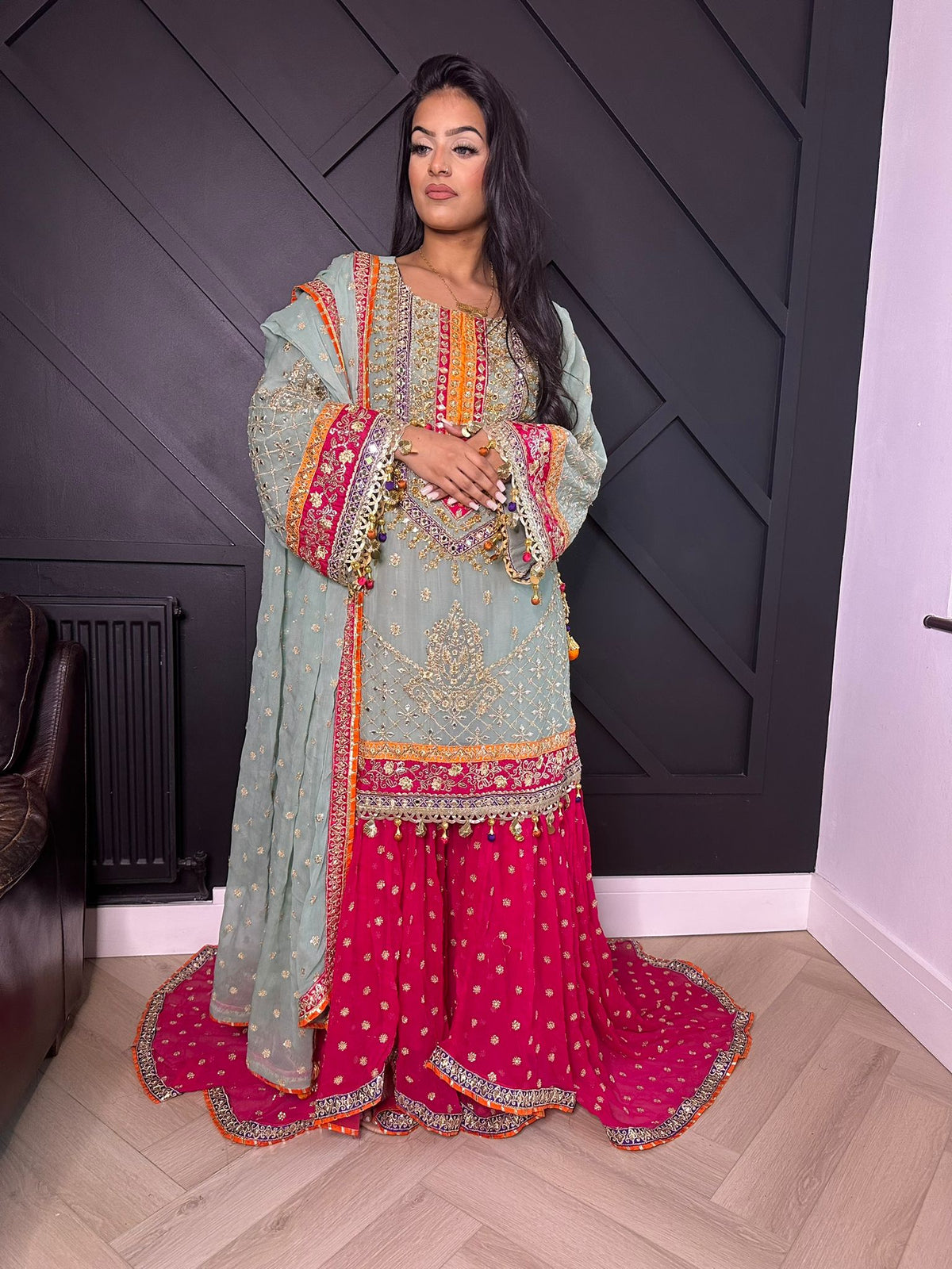 Karma Bridal - Mint and Pink Trail Gharara