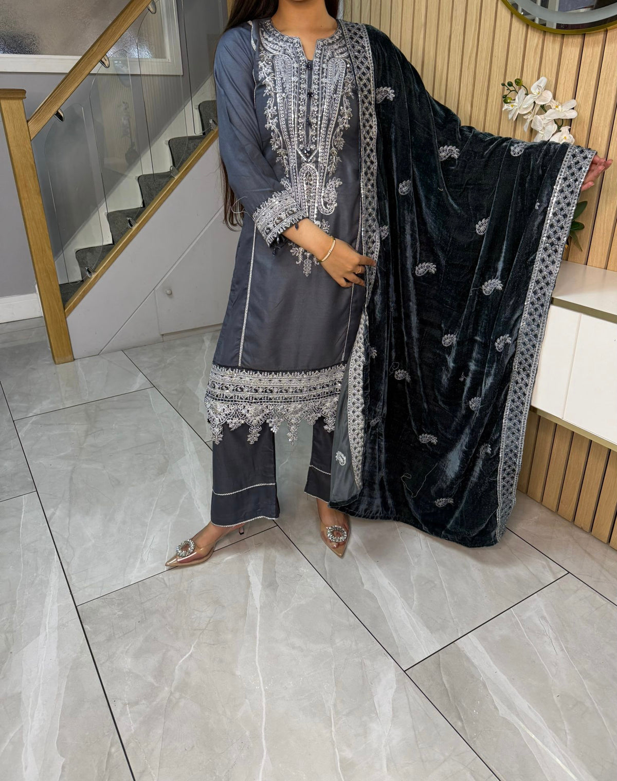 Habiba 3pc Embroidered Dhanak Suit With Velvet Shawl