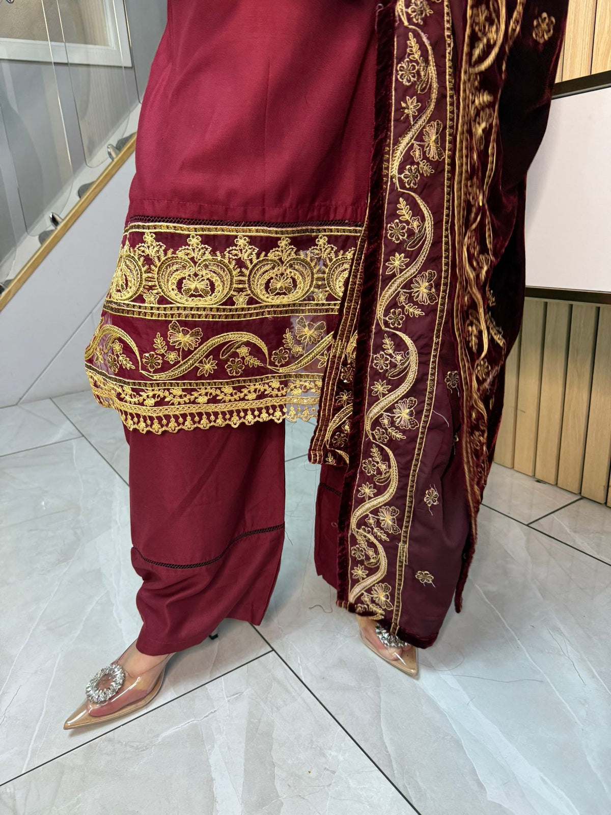 Habiba 3pc Embroidered Dhanak Suit With Velvet Shawl