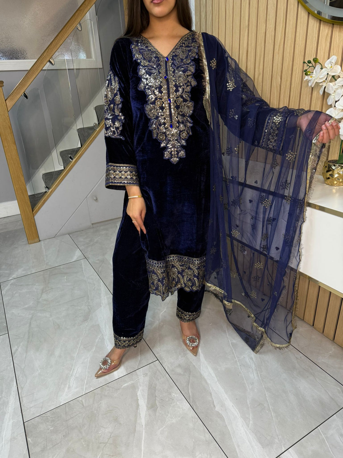 Lisha 3pc Button Velvet Suit With Net Dupatta U3-B1