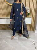 Mahum 3pc Raw Silk Suit- Navy & Gold U3-G4