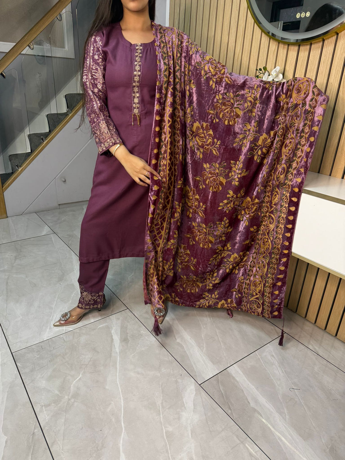 Asia 3pc Embroidered Dhanak Suit With Palachi Shawl