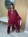 Lubna 3pc Silk Suit -Maroon U2-A5