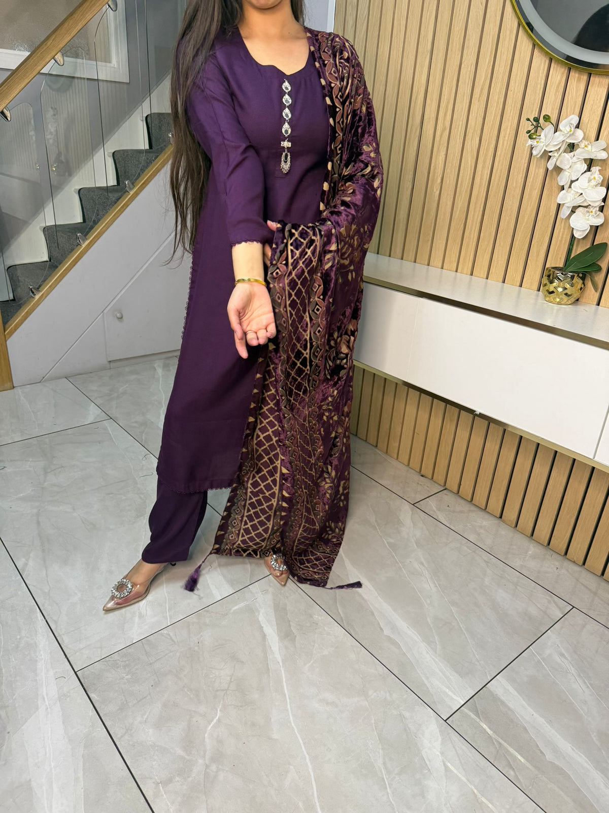 Asia 3pc Embroidered Dhanak Suit With Palachi Shawl