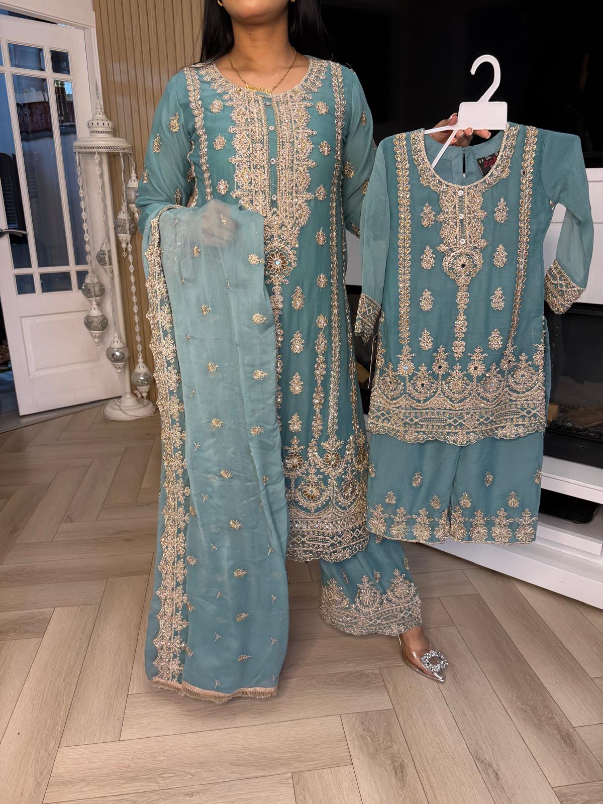 Thaira 3pc Mother & Daughter chiffon Suit With Plazzos U3-D4
