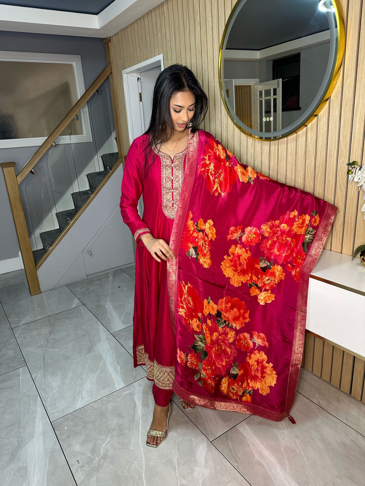 Nafisa 3pc Indian Silk Dress with Floral Dupatta