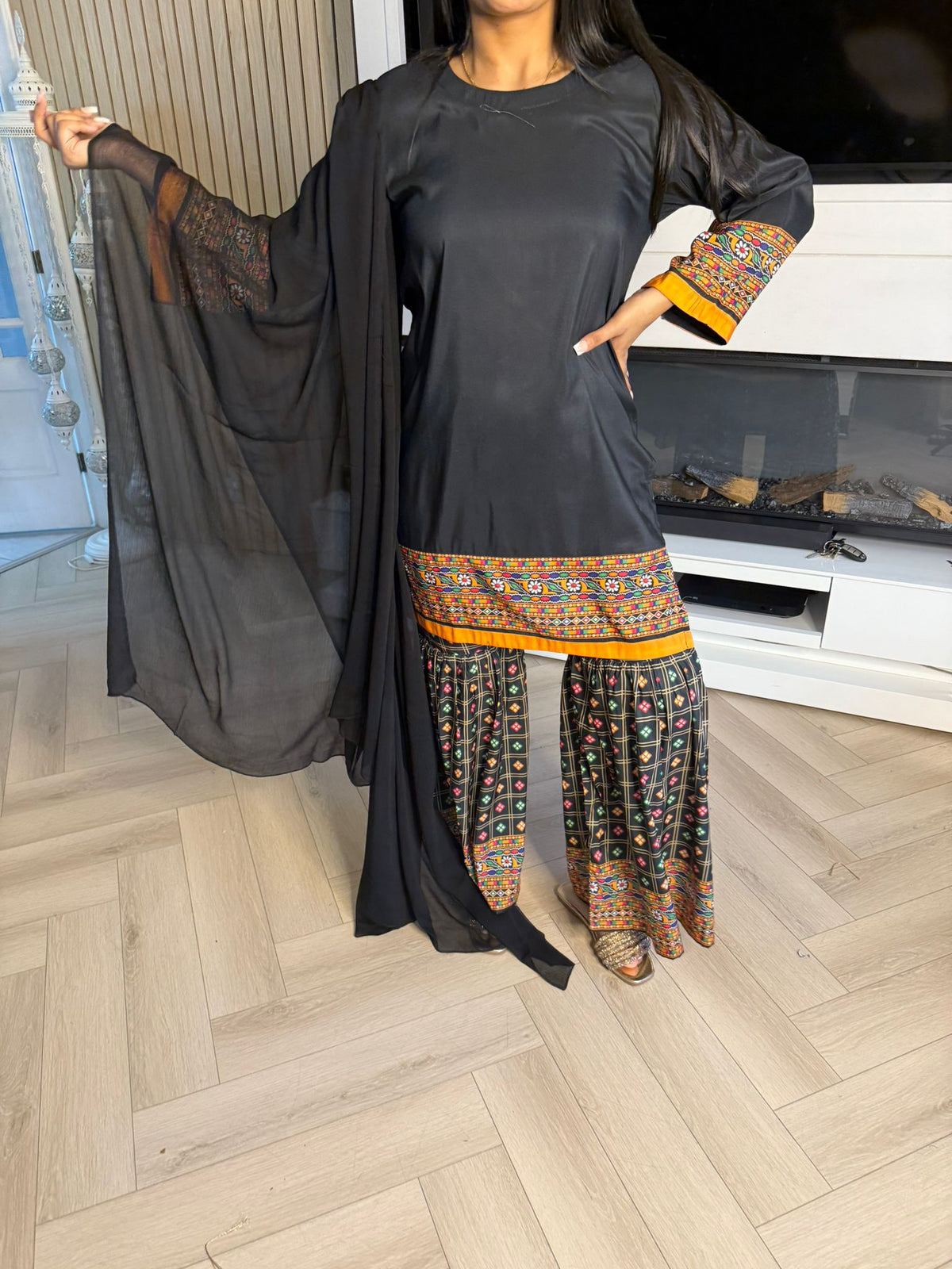 Ajrak Gharara Suit with Chiffon Dupatta