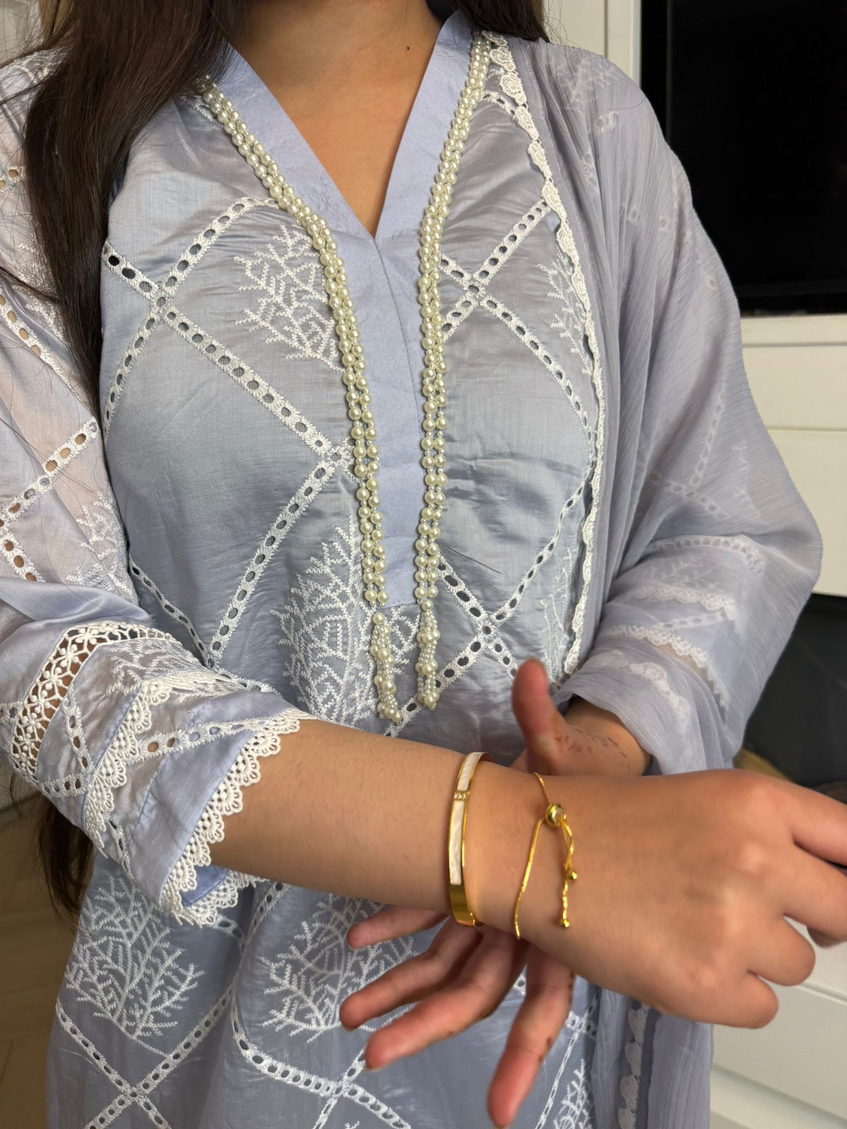 Radhiya 3pc Cotton Suit With Pearl Detailing