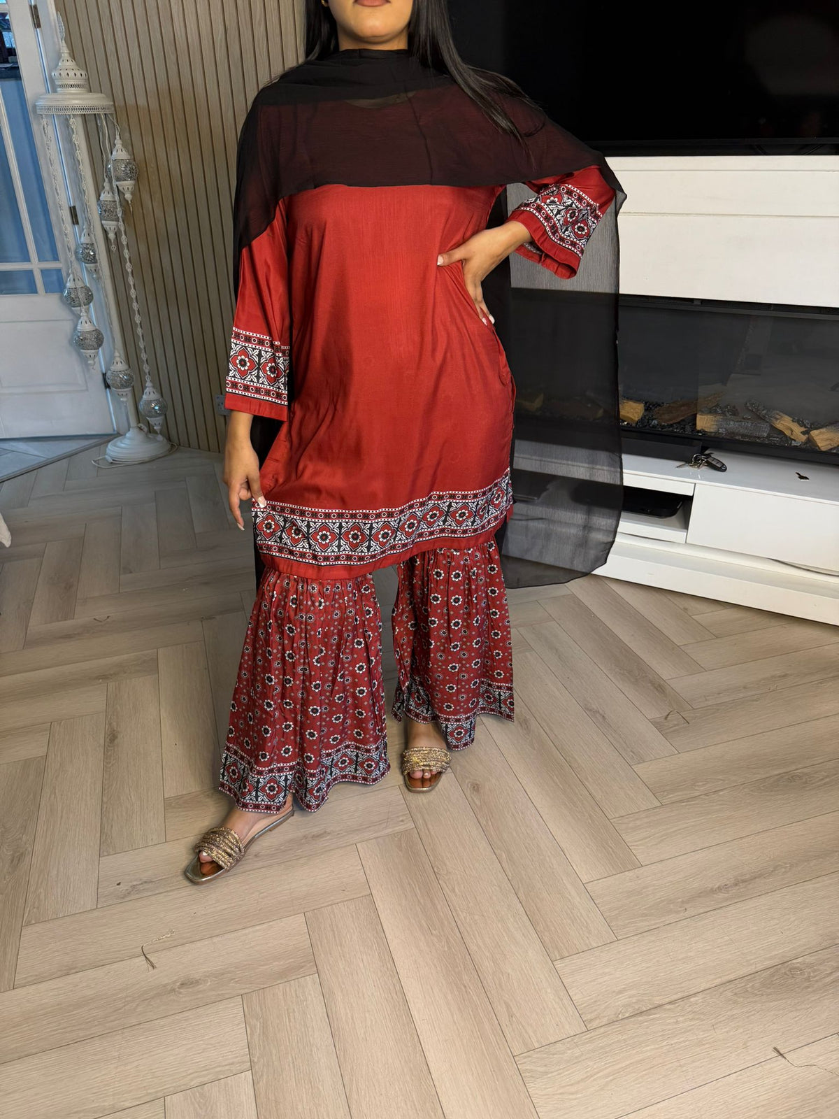 Ajrak Gharara Suit with Chiffon Dupatta