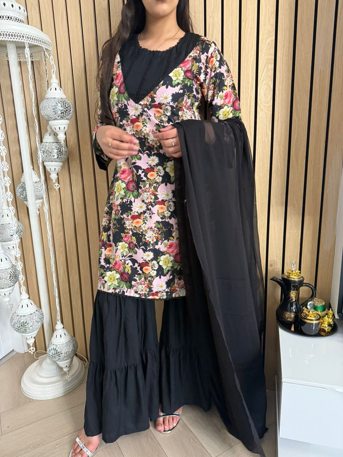 Firdaus 3pc Printed Suit With Plain Gharara