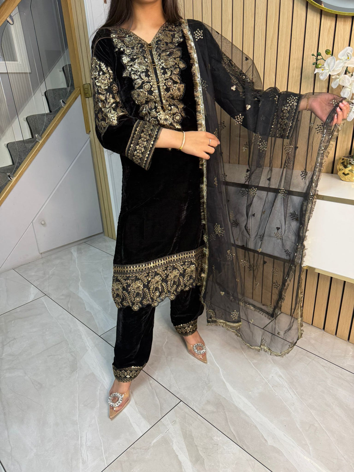 Lisha 3pc Button Velvet Suit With Net Dupatta U3-B1