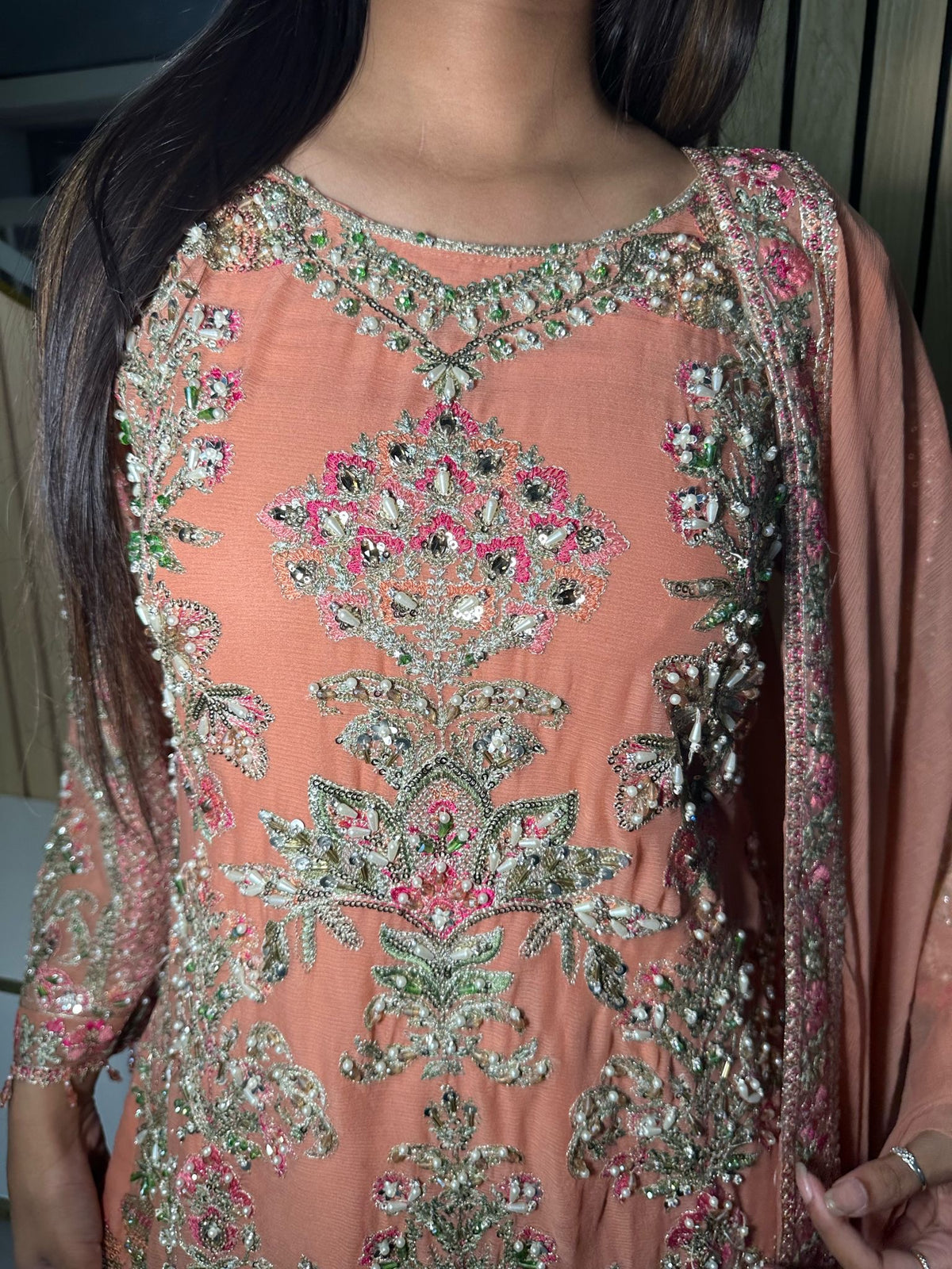 Aila 4pc Facy Embellished suit - Peach