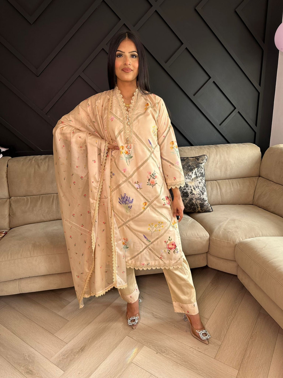 Aaeedah 3pc Cotton Suit with Floral Printed Kameez U3-E3
