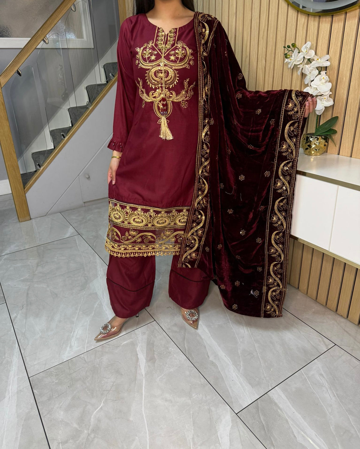 Habiba 3pc Embroidered Dhanak Suit With Velvet Shawl