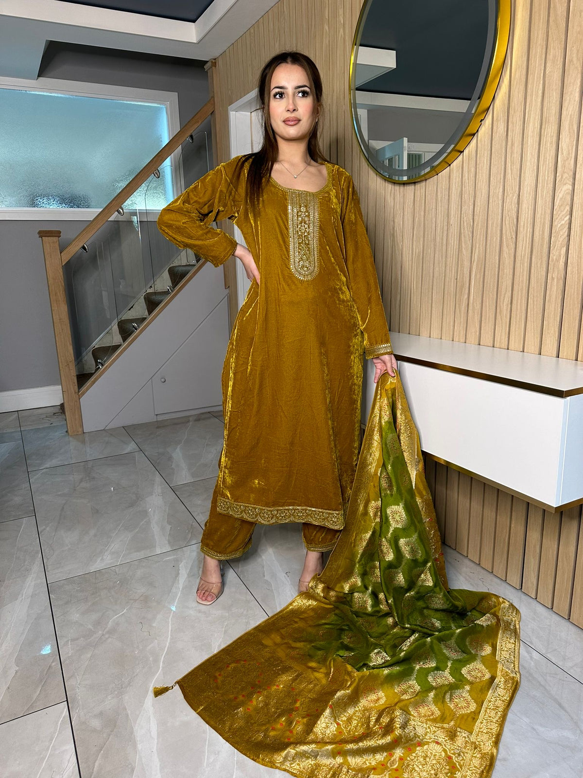 Faiza Velvet with Jacquard Shawl - Gold